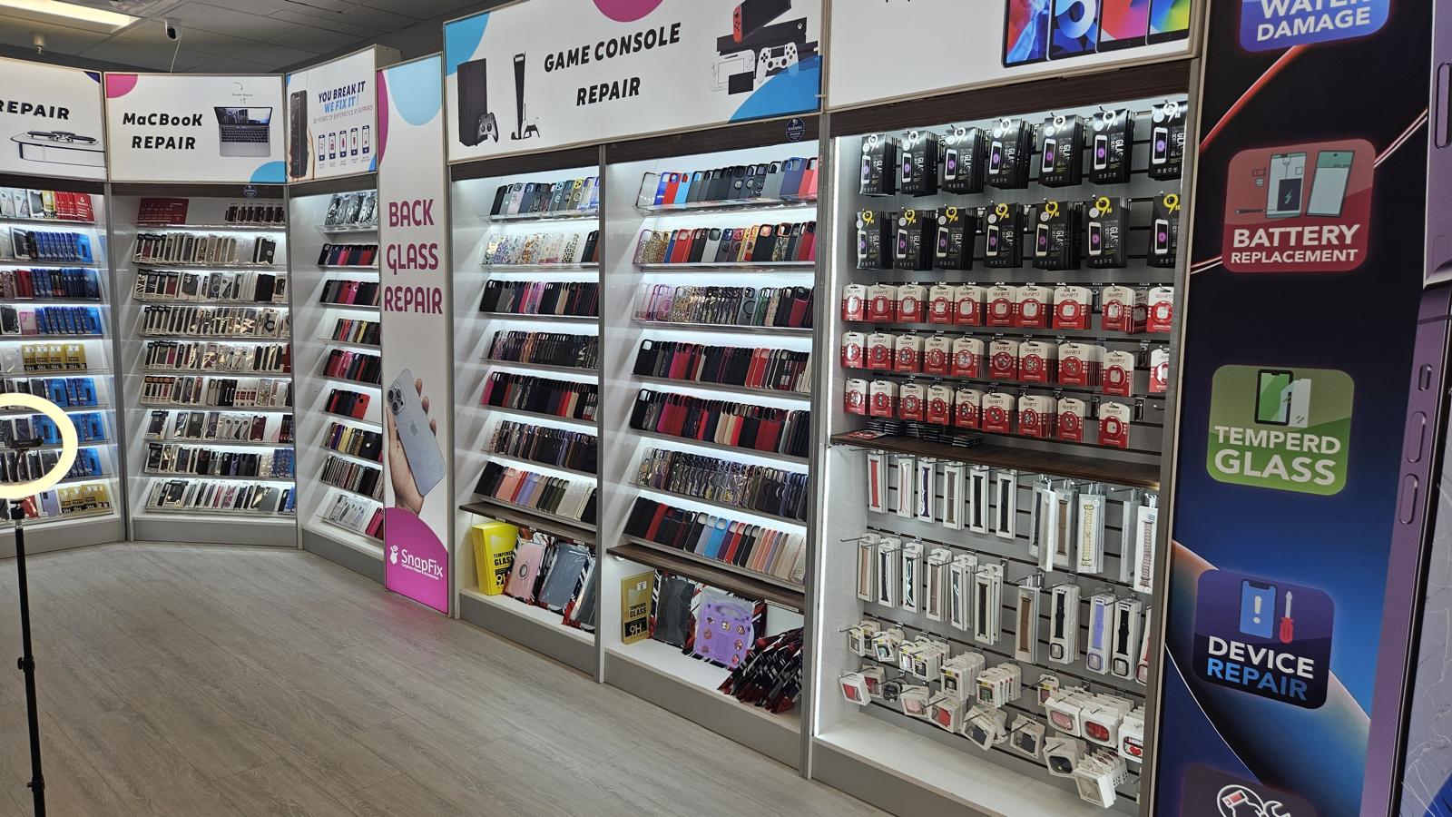 Organized accessory rack showing branded phone chargers and cables